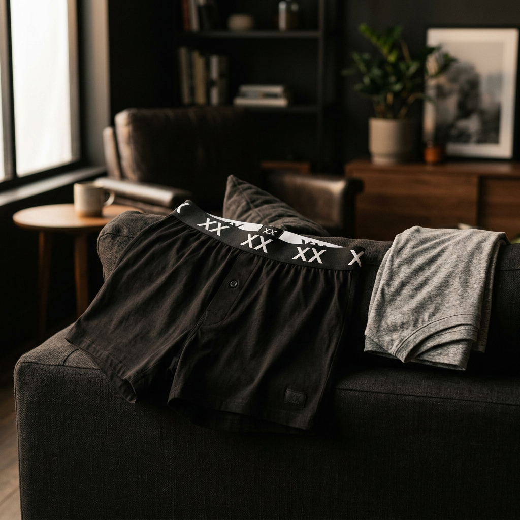 Schwarze BOXXIS Boxershorts mit XX-Bund auf einem Sofa